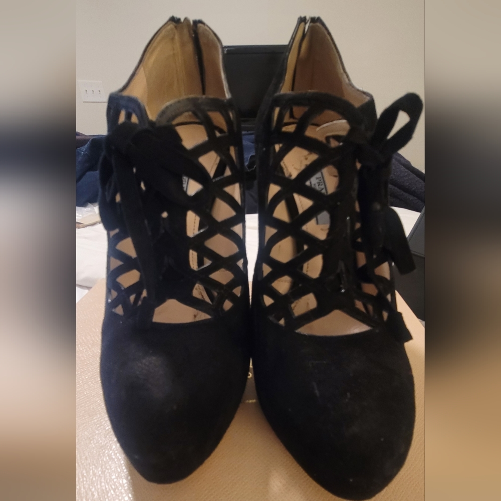 Prada Cutout Caged Round Toe Lace-Up Spool Vintage Black Suede Cutout Heels